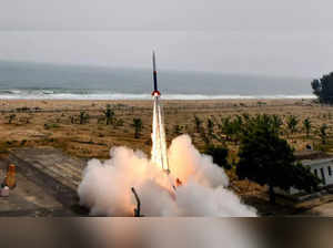 India's first private rocket Vikram-S built by Skyroot Aerospace lifts off from a launch pad at the Satish Dhawan Space Centre.