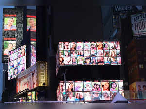 The images of hostages held by Hamas in Gaza are displayed on a billboard at a rally in Times Square on October 19, 2023 in New York City.