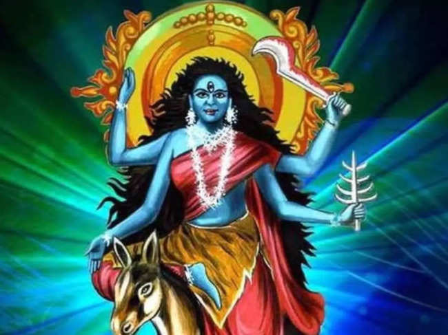 Maa Kaalratri, depicted with a dark complexion, signifies the destruction of evil forces and protection from harm