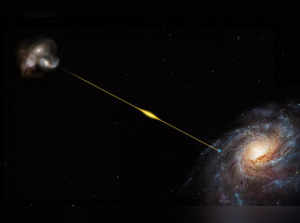 This artist's impression, not to scale, illustrates the path of a fast radio burst from the distant galaxy to Earth