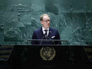 Sweden's Foreign Minister Tobias Billstrom addresses the 78th United Nations General Assembly at UN headquarters in New York City on September 22, 2023.