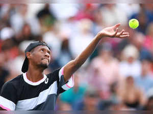 Christopher Eubanks of the United States serves against Gael Monfils of France during Day One of the National Bank Open, part of the Hologic ATP Tour, at Sobeys Stadium on August 7, 2023 in Toronto, Canada.