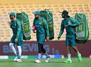 Pakistan's captain Babar Azam (C) along with teammates attends a practice session on the eve of their 2023 ICC Men's Cricket World Cup one-day international (ODI) match against Afghanistan at the MA Chidambaram Stadium in Chennai on October 22, 2023.