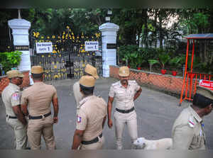 Chennai: Police personnel guard outside the Raj Bhavan after a petrol bomb was h...