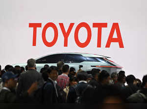 The logo of Toyota Motor is seen during the press day of the Japan Mobility Show in Tokyo on October 25, 2023.