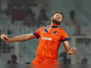 Kolkata: Netherlands bowler Paul van Meekeren bowls during the ICC Men's Cricket...