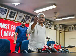 New Delhi, Oct 30 (ANI): CPI(M) leader Sitaram Yechury addresses the media durin...