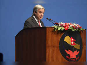 United Nations Secretary General Antonio Guterres addresses the parliament in Kathmandu on October 31, 2023.