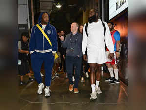 J. Tucker of the LA Clippers, Lawrence Frank and James Harden of the LA Clippers arrives to the arena before the game against the Orlando Magic on October 31, 2023 at Crypto.
