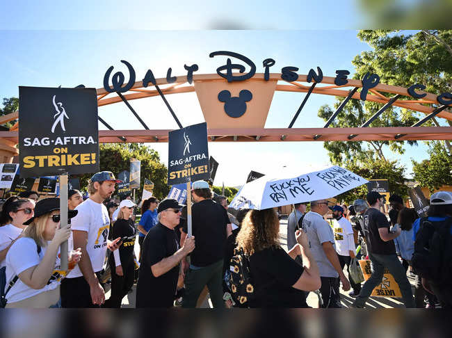 AFTRA members and supporters picket outside Disney Studios on day 111 of their strike against the Hollywood studios, in Burbank, California, on November 1, 2023.