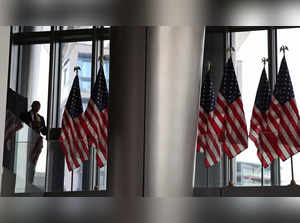 US flags fly at the US Embassy ahead of a speech by the US Vice President, on Artificial Intelligence (AI), in central London, on November 1, 2023.