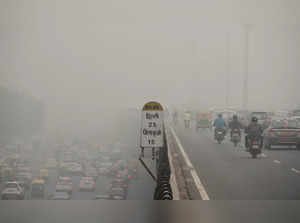 Gurugram: Vehicles on the Delhi-Gurugram Expressway amid hazy weather conditions...