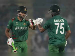 New Delhi: Bangladeshi batters Shakib Al Hasan and Najmul Hossain Shanto during ...