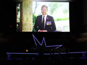 Prince Harry, Duke of Sussex appears onstage in a video message during the 17th Annual Stand Up For Heroes Benefit presented by Bob Woodruff Foundation and NY Comedy Festival at David Geffen Hall on November 06, 2023 in New York City.