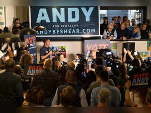 Incumbent Democratic Governor of Kentucky Andy Beshear speaks to a crowd on his last campaign stop before the election on November 6, 2023 in Louisville, Kentucky.