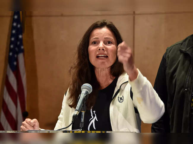 AFTRA President Fran Drescher speaks during a press conference at the labor union's headquarters in Los Angeles, California, on July 13, 2023.