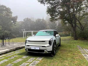 A Kia EV9 electric vehicle is displayed at the Kia EV Day event in Yeoju
