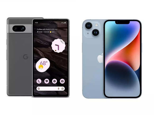 Google Pixel 7a and Apple iPhone 14.