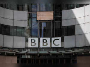 The BBC logo is displayed above the entrance to the BBC headquarters in London