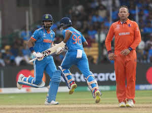 Bengaluru: India's batters Shreyas Iyer and KL Rahul run between the wickets dur...