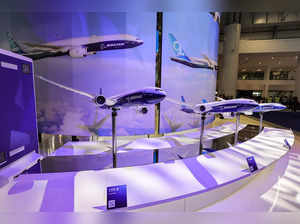 Mockups of Boeing 777X line aircraft models are displayed at the pavilion of the US multinational aviation corporation Boeing during the 2023 Dubai Airshow at Dubai World Central - Al-Maktoum International Airport in Dubai on November 13, 2023.