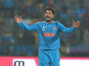 Bengaluru: India's Kuldeep Yadav reacts during the ICC Men's Cricket World Cup m...