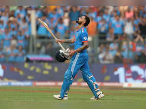 Mumbai, Nov 15 (ANI): India's Virat Kohli celebrates his century during the semi...