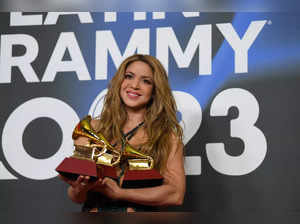 Colombian singer Shakira poses with her Record of the Year, Best Pop Song, Best Urban Interpretation awards during the 24th Annual Latin Grammy Awards ceremony at the Conference and Exhibition Centre (FIBES) in Sevilla on November 16, 2023.