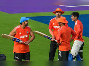 Bengaluru: India's captain Rohit Sharma, Shubman Gill, Shreyas Iyer and coach Vi...