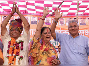 Jodhpur: Former Chief Minister Vasundhara Raje with BJP candidate from Bilara co...