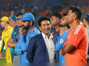 Ahmedabad: India's head coach Rahul Dravid, with cricket legend Sachin Tendulkar...