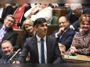 In this photo issued by UK Parliament, Britain's Prime Minister Rishi Sunak spea...