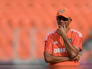 India’s coach Rahul Dravid looks on during a practice session at the Narendra Modi Stadium in Ahmedabad on November 17, 2023, ahead of the 2023 ICC Men's Cricket World Cup one-day international (ODI) final match against Australia on November 19.