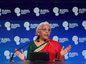 India's Finance Minister Nirmala Sitharaman speaks at the Global Fintech Fest in Mumbai