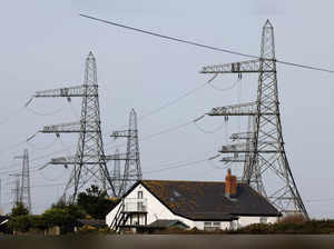 FILE PHOTO: Electricity pylons connected to the Dungeness B power station are seen behind a local house in Dungeness