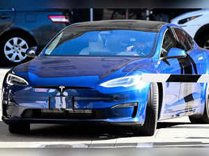 A Tesla Inc. electric vehicle arrives to the Phillip Burton Federal Building and US Courthouse in San Francisco, California on January 20, 2023.