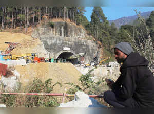 Uttarkashi:  at the entrance of the under-constrcution Silkyara Tunnel during th...