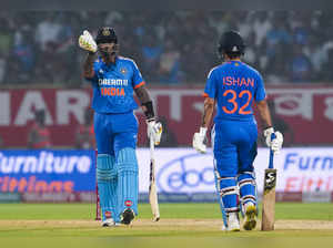 Visakhapatnam: India's captain Suryakumar Yadav and Ishan Kishan during the firs...