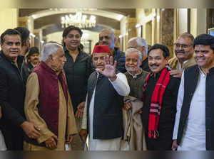 Lucknow: Samajwadi Party President Akhilesh Yadav with party MLAs arrives to att...