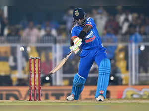 India's captain Suryakumar Yadav plays a shot during the third Twenty20 international cricket match between India and Australia at the Assam Cricket Association Stadium in Guwahati on November 28, 2023.