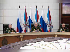 This handout picture taken and released by the Russian Defence Ministry on November 21, 2023 shows Defence Minister Sergei Shoigu chairing a roundtable meeting with military officials in Moscow.