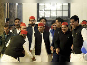 Lucknow: Samajwadi Party (SP) President Akhilesh Yadav with the party MLAs arriv...