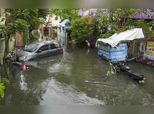 Chennai: A flooded street after heavy rainfall owing to Cyclone Michaung, in Che...