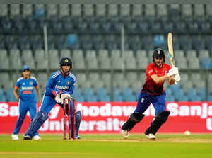 Mumbai: England's batter Nat Sciver-Brunt plays a shot during the 1st T20I crick...