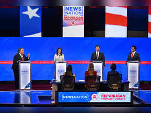 Former Governor of New Jersey Chris Christie, former Governor from South Carolina and UN ambassador Nikki Haley, Florida Governor Ron DeSantis and entrepreneur Vivek Ramaswamy participate in the fourth Republican presidential primary debate at the University of Alabama in Tuscaloosa, Alabama, on December 6, 2023.