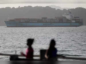 A container ship is seen near the Panama Canal, in Panama City
