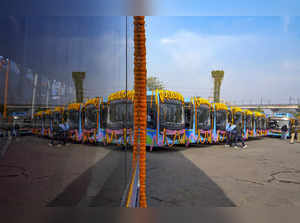New Delhi: Electric buses parked at IP Depot during their flag-off ceremony, in ...