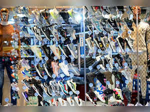 Shoes are kept on display at a footwear store
