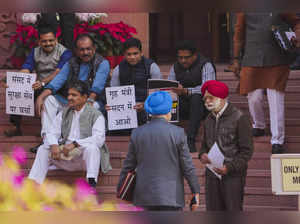 New Delhi: Suspended MPs protest against their suspension at the entrance of Par...