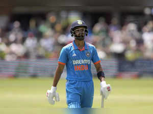 India's Ruturaj Gaikwad leaves the field after being dismissed for 4 runs by Sou...